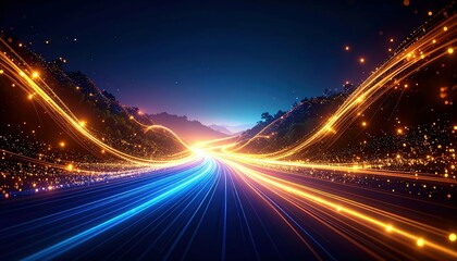 Poster - Ethereal Pathway of Glowing Particles Flowing Like a Dynamic River