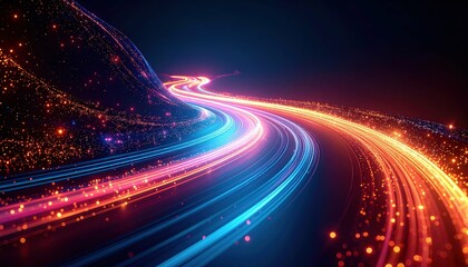 Poster - Ethereal Pathway of Glowing Particles Flowing Like a Dynamic River