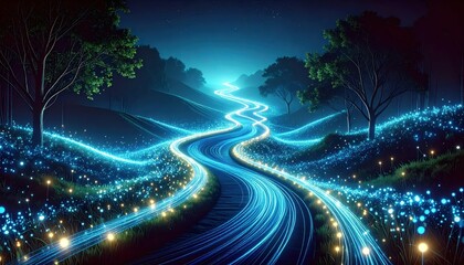 Poster - Ethereal Pathway of Glowing Particles Flowing Like a Dynamic River