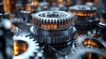 Poster - Close-up view of intricate metal gears with vibrant orange lighting, showcasing engineering precision and mechanical beauty.