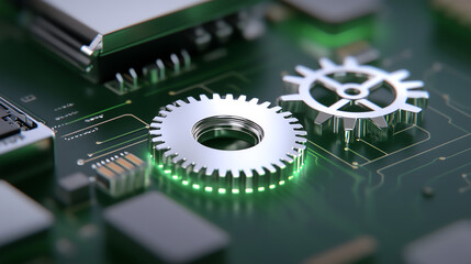 Fototapete - Detailed close-up of a circuit board featuring metal gears, showcasing integration of mechanics and electronics.