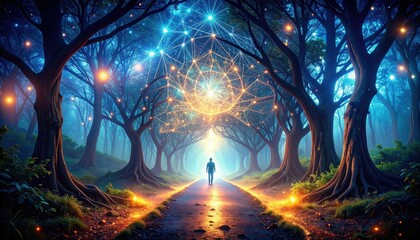Poster - Glowing Pathway of Interconnected Thoughts in Abstract Mindscape
