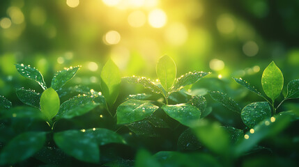 Aufkleber - Fresh green leaves glisten with morning dew, illuminated by warm sunlight, symbolizing growth and renewal in nature.