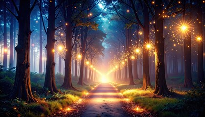 Poster - Ethereal Pathway of Glowing Light Particles in a Mystical Forest