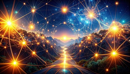 Poster - Abstract Glowing Web of Interconnected Thoughts in a Mindscape Pathway
