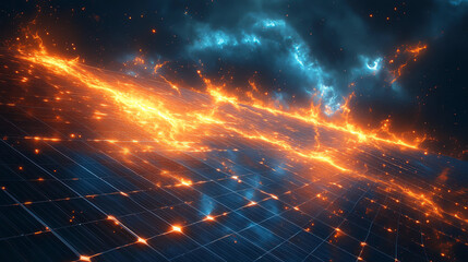 Aufkleber - Futuristic digital landscape featuring vibrant energy streams and grids, representing innovation and advanced technology concepts.
