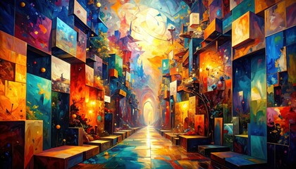 Poster - Abstract Pathway of Fragmented Memories in Vibrant Colors and Images
