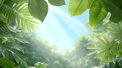 Poster - Lush green leaves framing a serene sunlight-filled forest canopy, showcasing the beauty and tranquility of nature.