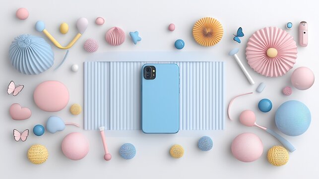 Pastel Blue Phone on White Background with Colorful 3D Objects