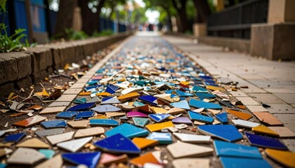 Poster - Colorful Mosaic Pathway of Shattered Ceramic Tile Fragments