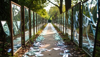 Poster - Surreal Pathway of Shattered Mirrors Reflecting Distorted Realities