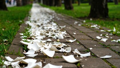 Poster - Delicate Porcelain Fragments on a Pathway Amidst Greenery and Nature