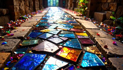 Poster - Colorful Pathway of Shattered Stained Glass Fragments in Decay