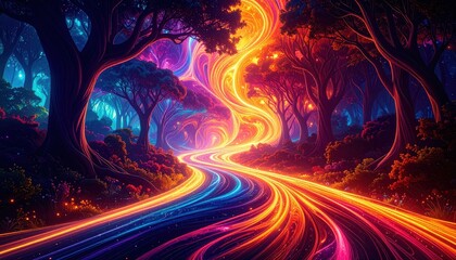 Poster - Vibrant Cosmic Pathway of Swirling Energy in Abstract Forest Landscape