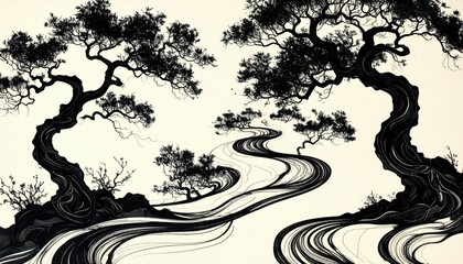 Poster - Artistic Swirling Ink Patterns on Paper Creating a Serene Pathway