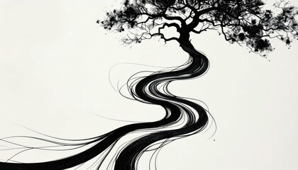 Poster - Artistic Swirling Ink Patterns Pathway on Paper with Tree Design