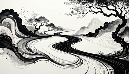 Poster - Fluid Pathway of Swirling Ink Patterns on Artistic Paper Surface