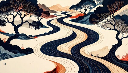 Poster - Artistic Fluid Pathway with Swirling Ink Patterns on Paper Design