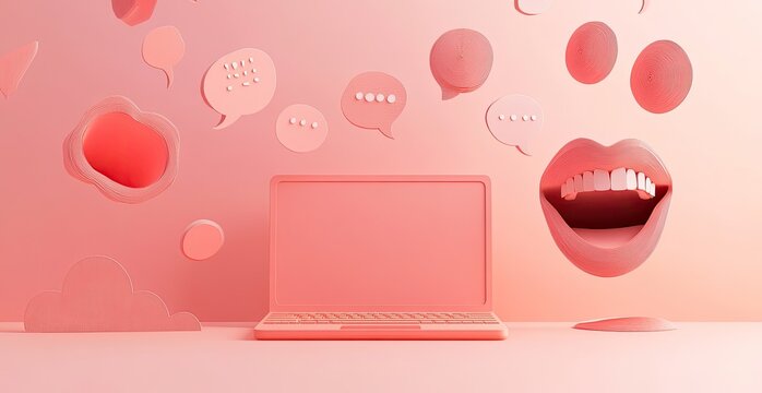 Pink laptop with floating speech bubbles and lips