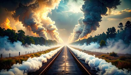 Poster - Surreal Pathway of Swirling Smoke Amid Dramatic Skies and Trees