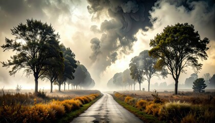 Poster - Mysterious Swirling Smoke Signals Above a Dark Pathway with Trees