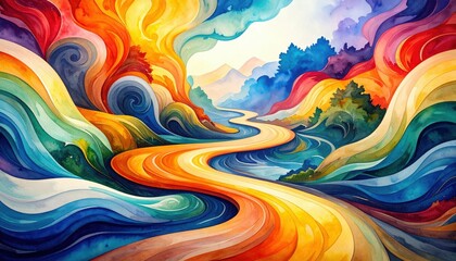 Poster - Vibrant Swirling Watercolor Pathway Through Colorful Landscapes