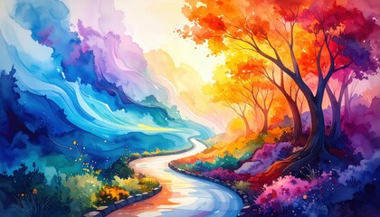 Poster - Vibrant Watercolor Pathway Through Swirling Landscape of Autumn Colors