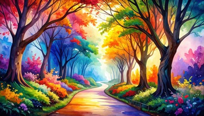 Poster - Colorful Swirling Watercolor Pathway Through Autumn Trees