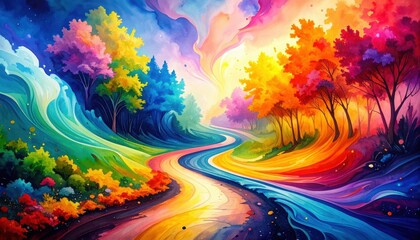 Poster - Vibrant Pathway of Swirling Colors in Fluid Watercolor Style