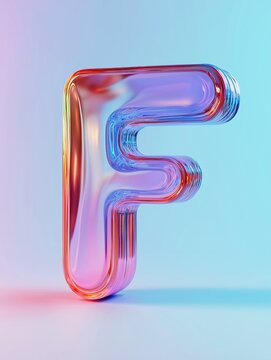 3D rendered glass letter F with vibrant gradient color effect, showcasing glossy transparent material under professional studio lighting for modern abstract design and creative typography