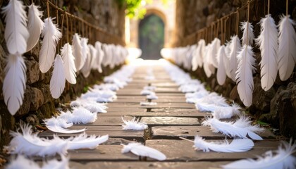 Poster - Serene Pathway Adorned with Woven Feathers and Soft Light