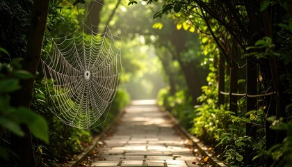 Poster - Delicate Spider Silk Woven in Pathway Surrounded by Nature's Beauty