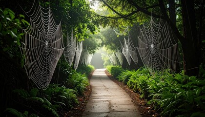 Poster - Delicate Pathway Surrounded by Intricate Woven Spiderwebs