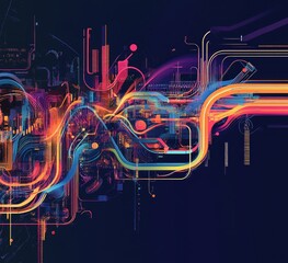 Poster - Abstract digital cityscape, vibrant lines and shapes