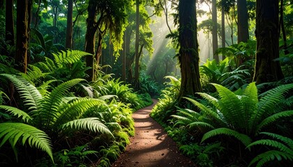 Poster - Serene Pathway Through Dense Forest of Giant Ferns and Sunlight
