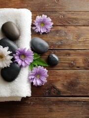 Poster - Spa Relaxation With Smooth Stones, Delicate Flowers, and a Warm Towel on a Wooden Surface for a Calming Experience
