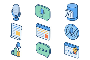 Poster - Voice command and ai interface icons with microphone and data elements