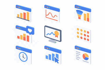 Poster - Isometric data analysis icons: charts, graphs, and analytics tools