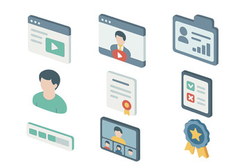 Poster - Digital media elements: screens, profiles, awards, and interface icons
