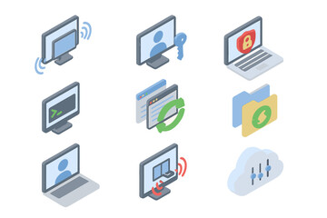 Poster - Isometric icons of digital communication and technology devices