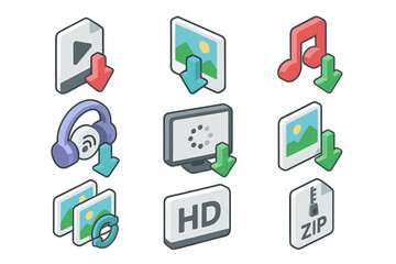 Poster - Digital media download icons set for music, video, images, and files