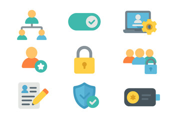 Poster - Colorful cybersecurity and teamwork icons on digital background