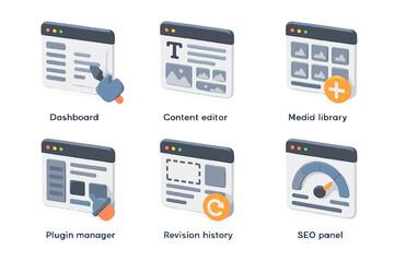 Poster - Web interface elements for cms: dashboard, editor, library, plugins, history, seo