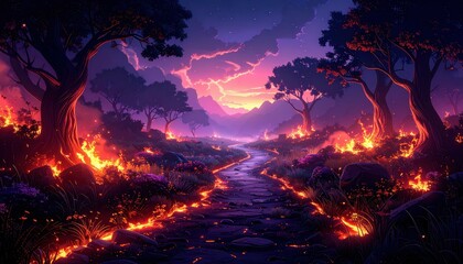 Poster - Ethereal Pathway Through a Field of Glowing Embers at Dusk