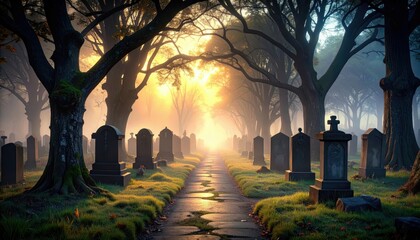 Poster - Misty Graveyard Pathway at Dusk with Eerie Atmosphere and Fading Light