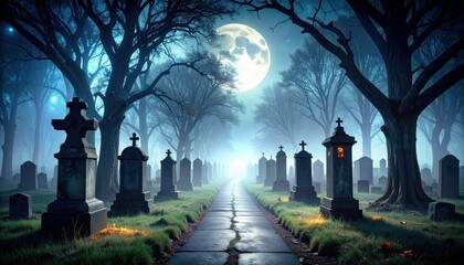 Poster - Misty Graveyard Pathway Under Full Moon at Midnight with Spooky Aura