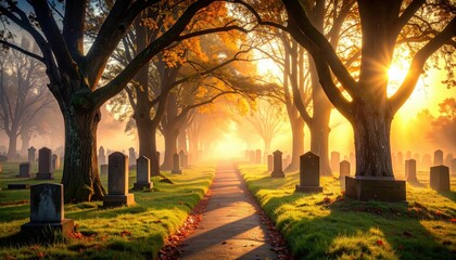 Poster - Misty Graveyard Pathway at Sunset with Long Shadows and Eerie Atmosphere