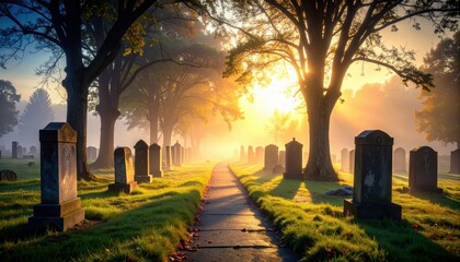 Poster - Misty Graveyard Pathway at Sunset with Long Shadows and Eerie Atmosphere