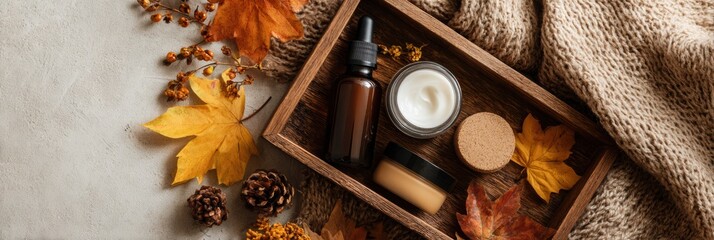 Poster - Soft Autumn Light Enhances Skincare Products on a Wooden Tray Surrounded by Leaves and Natural Elements Creating a Cozy Atmosphere