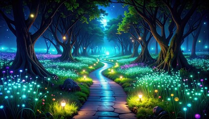 Poster - Magical Glowing Pathway Through a Field of Bioluminescent Plankton